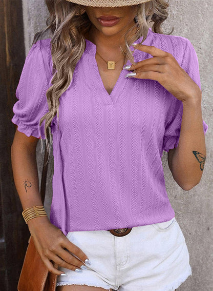 ✨Textured Puff-Sleeve V-Neck Knit Top