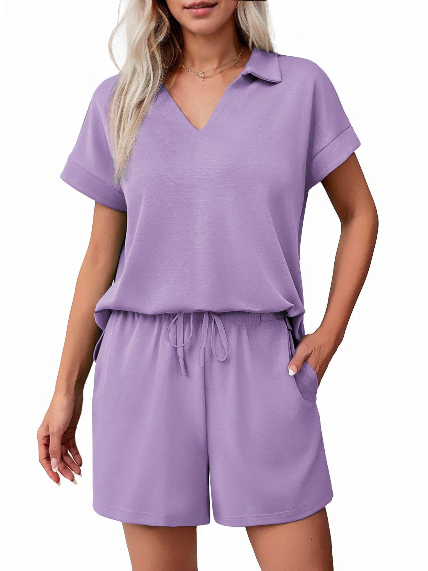 ✨Women Summer Lounge Sets Short Sleeve Sweatshirt V-neck Tops and Drawstring Shorts Outfits Tracksuit