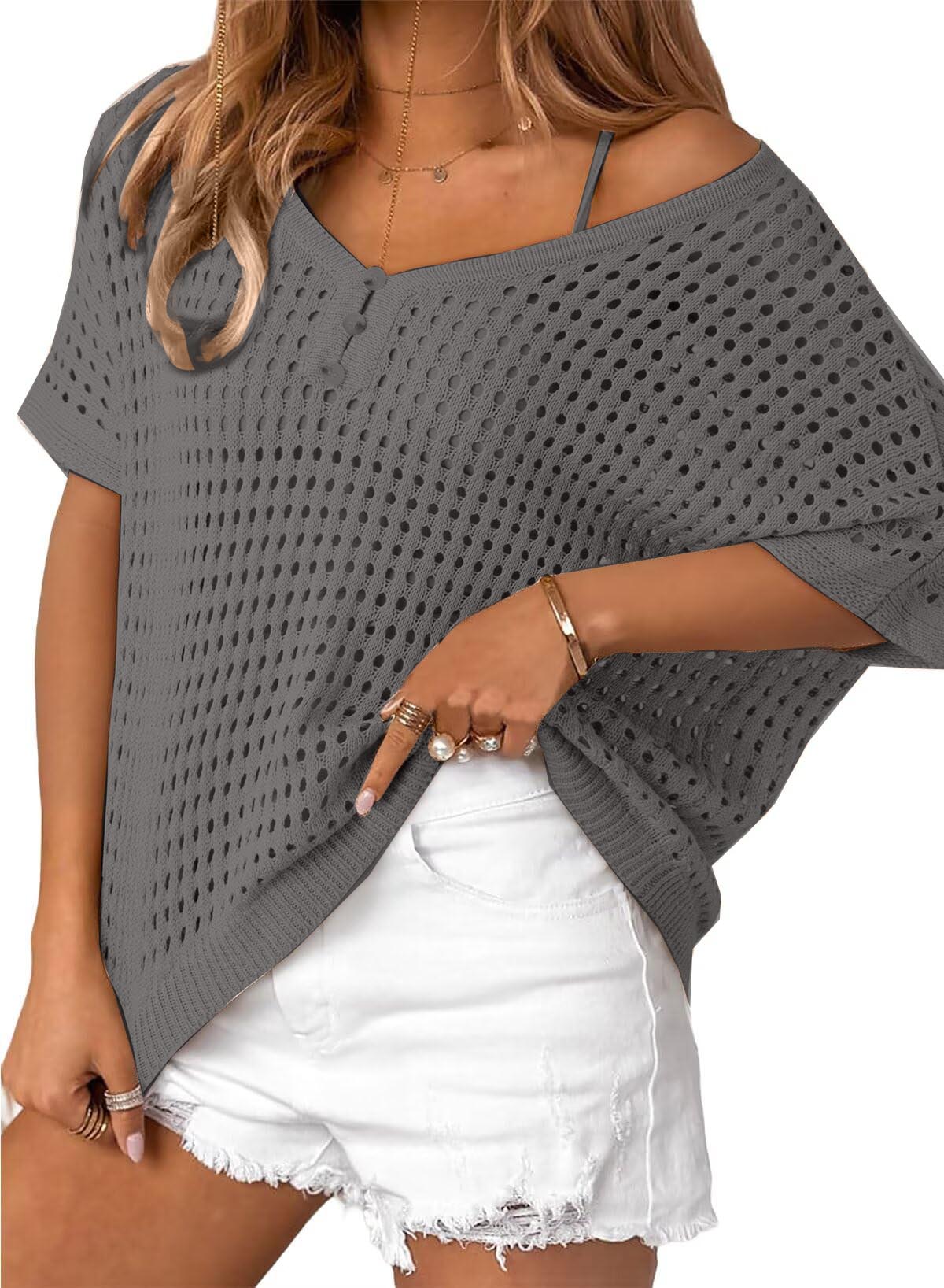 ✨Womens Summer V Neck Short Sleeve Button Down Sweater Casual Crochet Hollow Out Knit Tops Beach Coverup