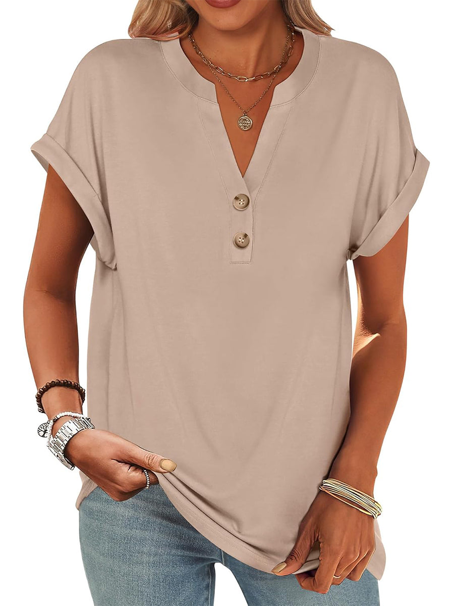 ✨Women's V Neck Button Casual Loose Fit Short Sleeve Henley Tops