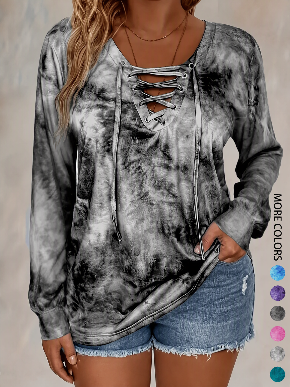 Women Tie Dye Lace Up Long Sleeve Top