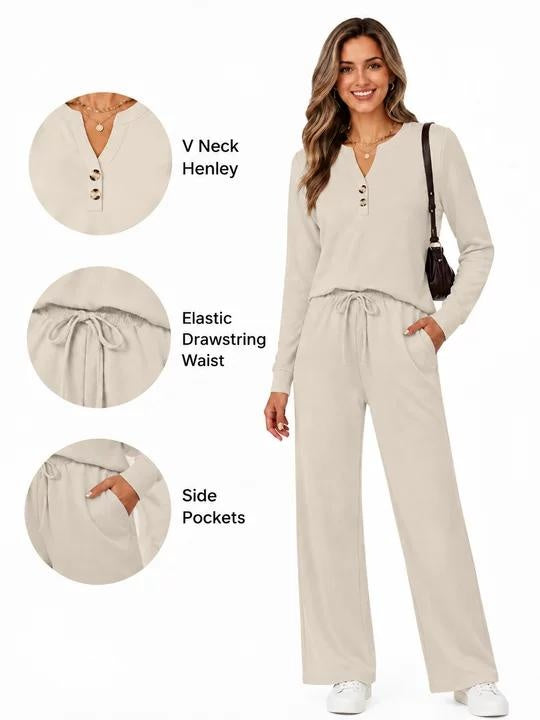 ⏰Hot Sale-Women Two Piece Lounge Set Long Sleeve Top Wide Leg Pants