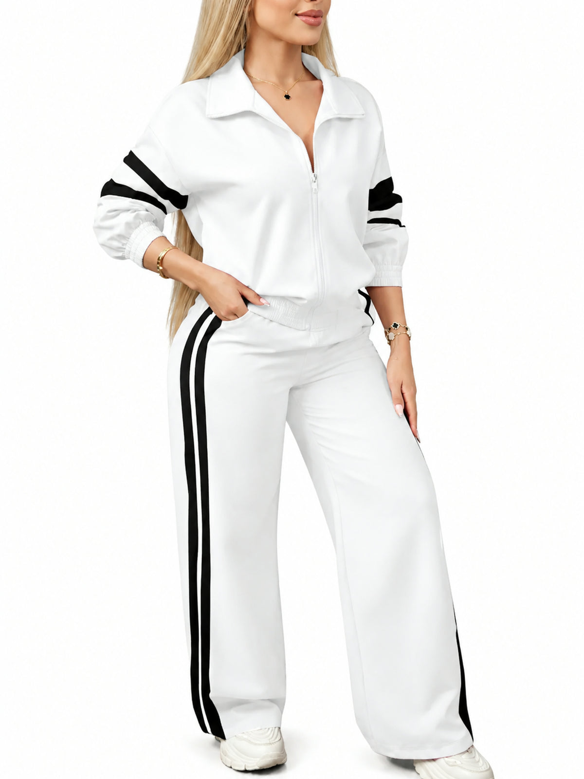Women Zip Jacket & Striped Wide Leg Pant Set