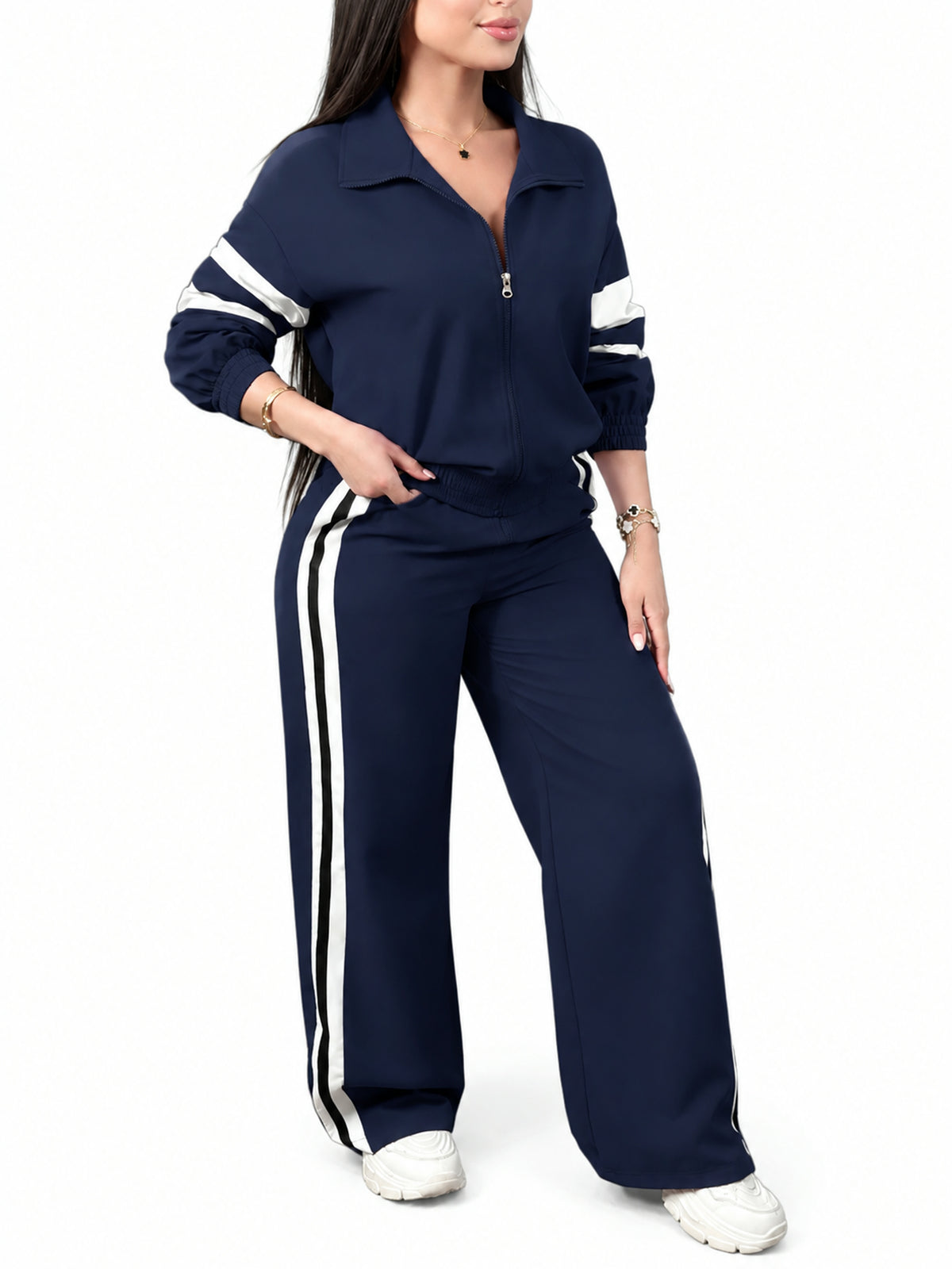 Women Zip Jacket & Striped Wide Leg Pant Set