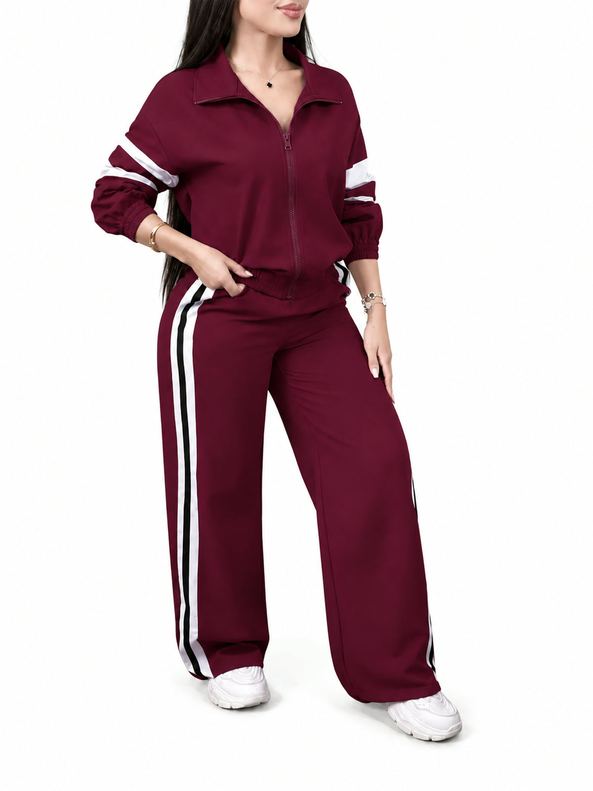 Women Zip Jacket & Striped Wide Leg Pant Set