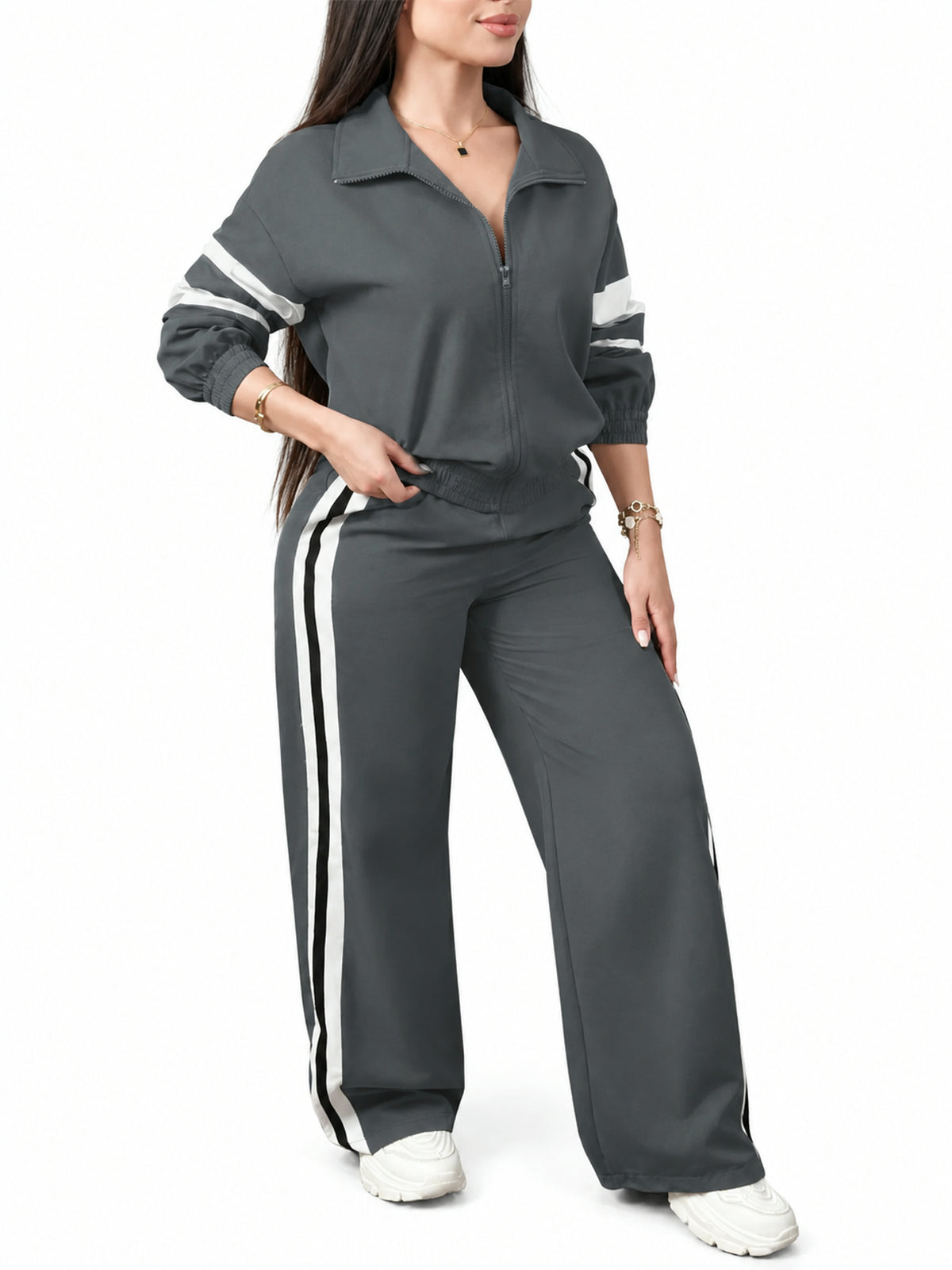 Women Zip Jacket & Striped Wide Leg Pant Set