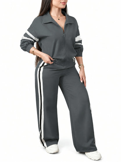 Women Zip Jacket & Striped Wide Leg Pant Set