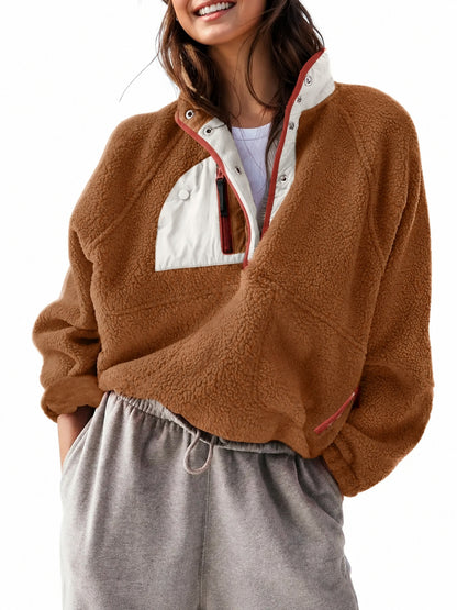 Women Color Block Half Snap Cropped Fleece Pullover Jacket
