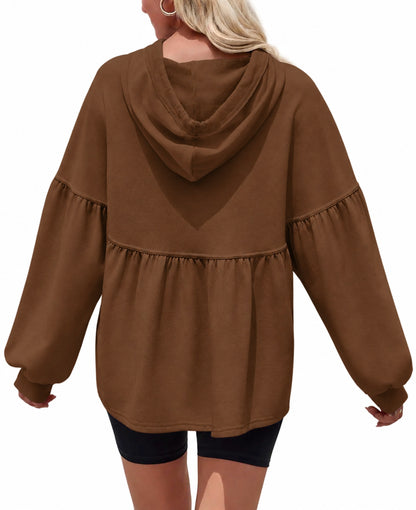 Women Drawstring Hoodie With Lantern Sleeves Peplum Hem