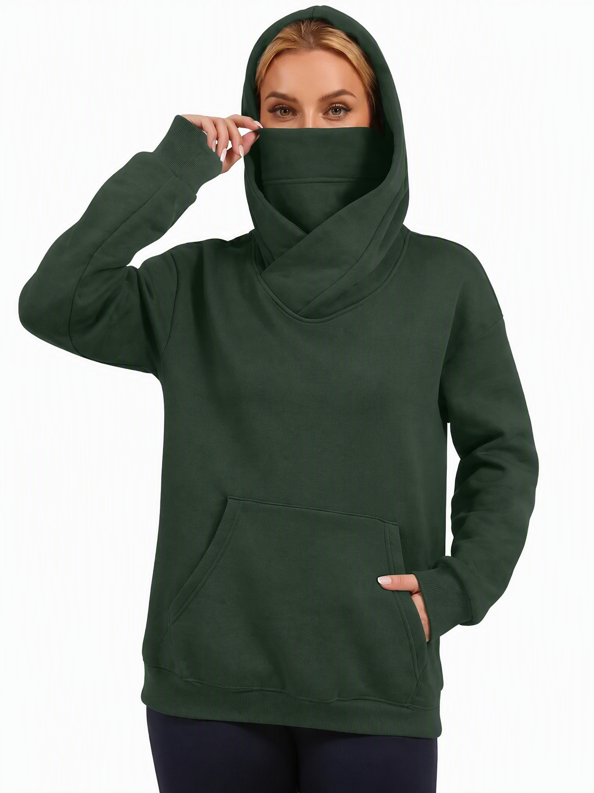 Women Cross Wrap Turtleneck Hoodie With Pocket