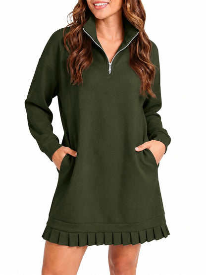 Hot Sale-Women's Half Zip Sweatshirt Dress with Pleated Hem