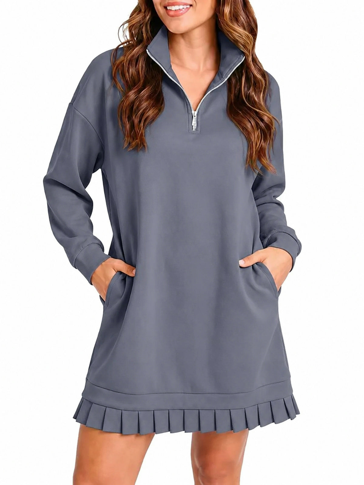 Hot Sale-Women's Half Zip Sweatshirt Dress with Pleated Hem