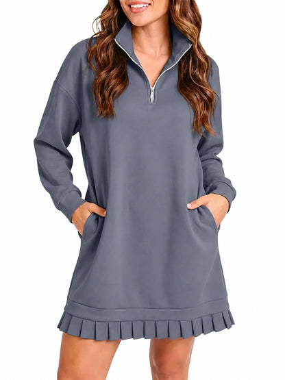Hot Sale-Women's Half Zip Sweatshirt Dress with Pleated Hem