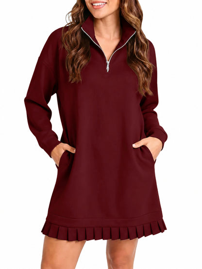 Hot Sale-Women's Half Zip Sweatshirt Dress with Pleated Hem