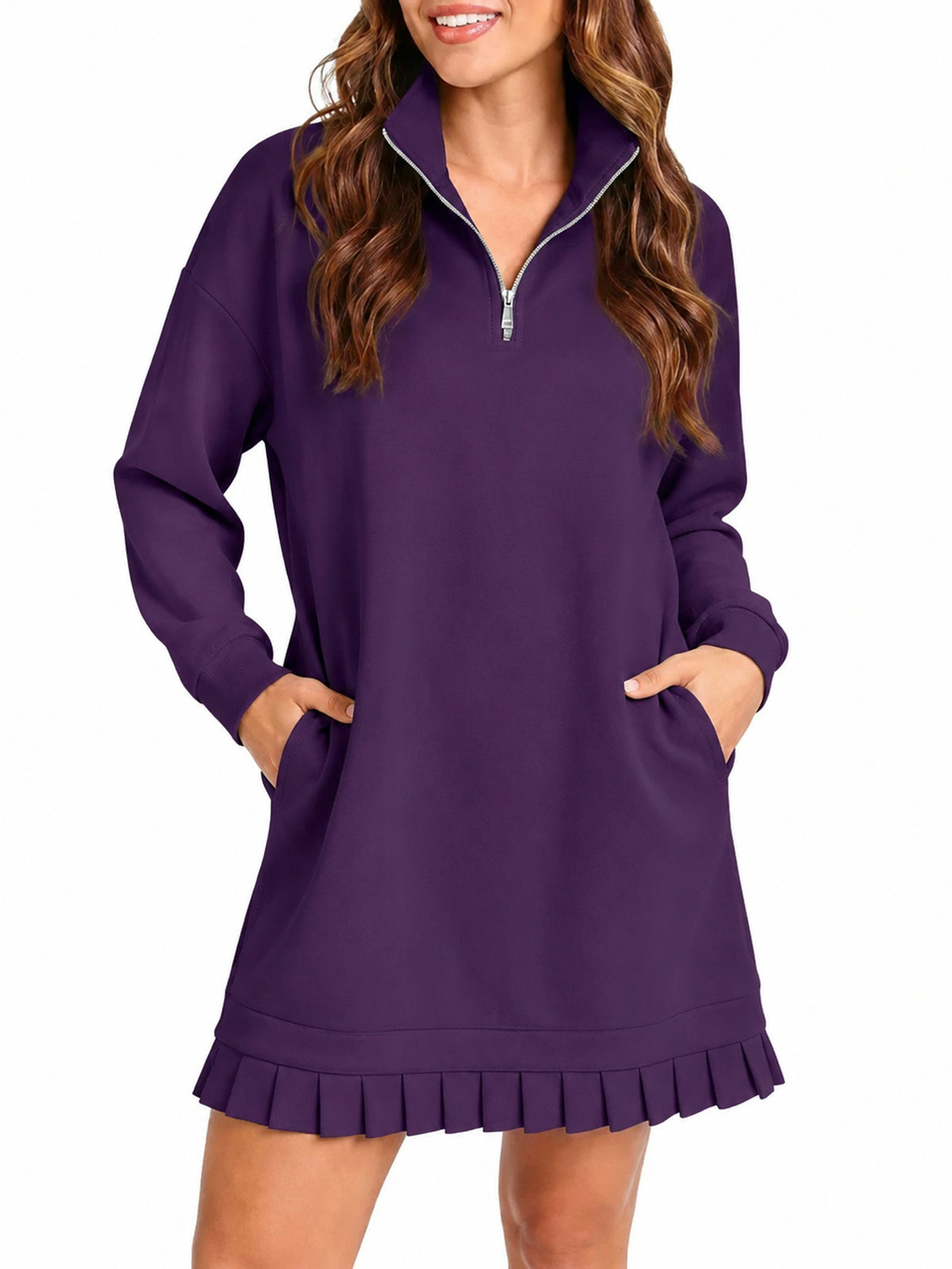 Hot Sale-Women's Half Zip Sweatshirt Dress with Pleated Hem