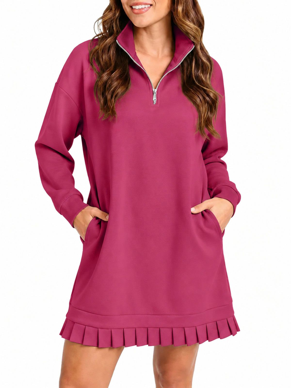 Hot Sale-Women's Half Zip Sweatshirt Dress with Pleated Hem