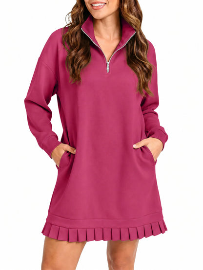 Hot Sale-Women's Half Zip Sweatshirt Dress with Pleated Hem