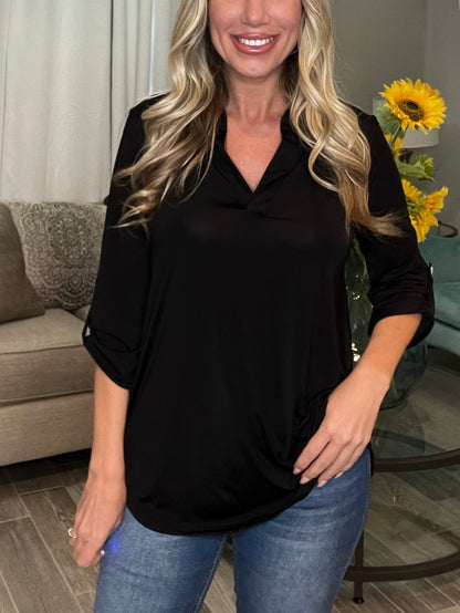 HOT SALE V Neck Satin 3/4 Sleeve Button Blouse