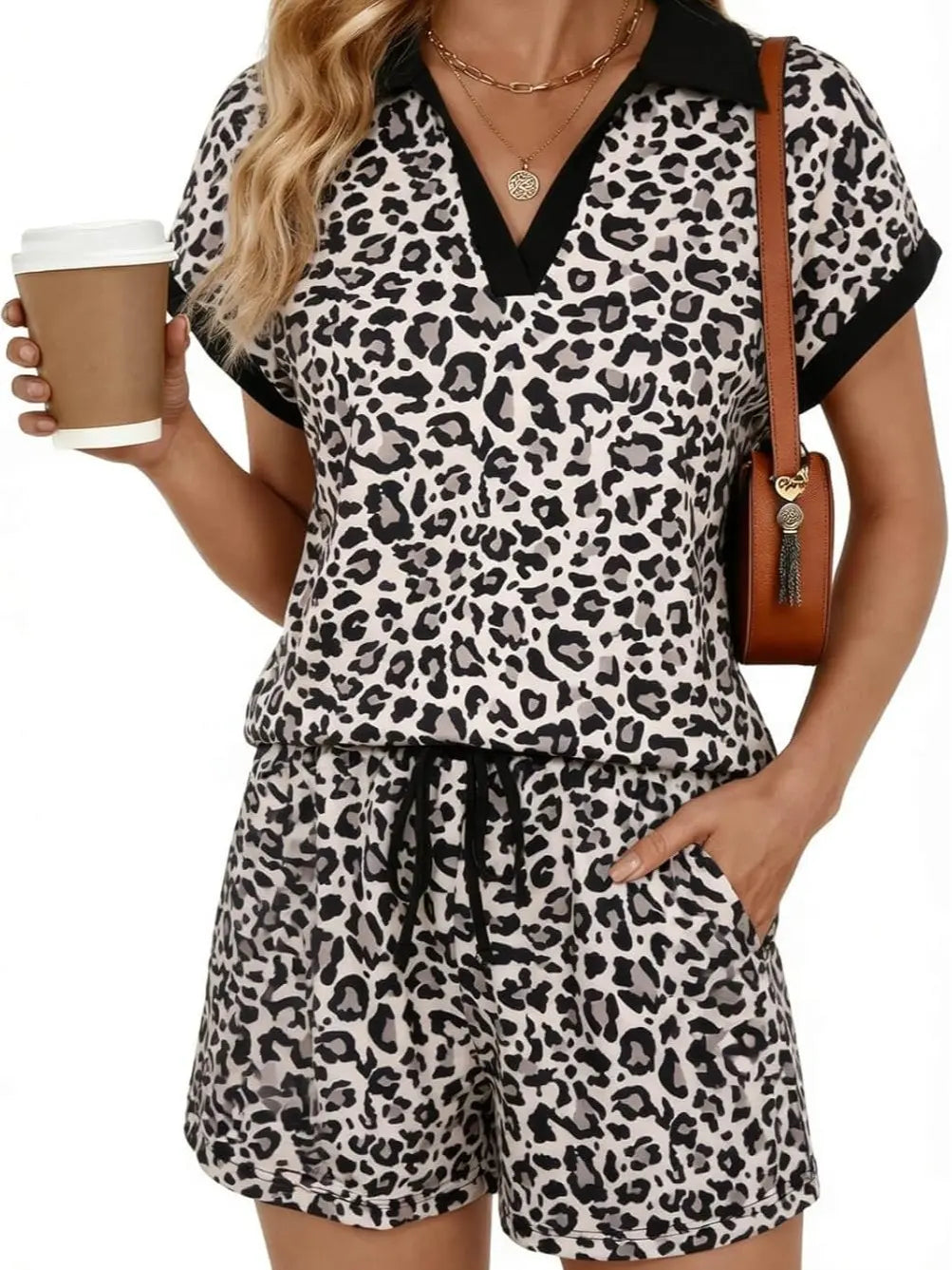 2026 Summer Cap Sleeve V-neck lapel Top & Drawstring Shorts