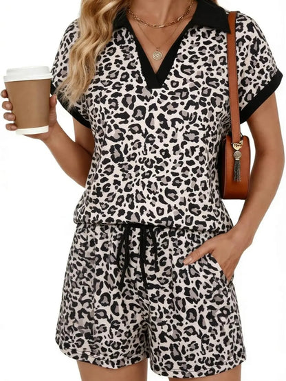 2026 Summer Cap Sleeve V-neck lapel Top & Drawstring Shorts