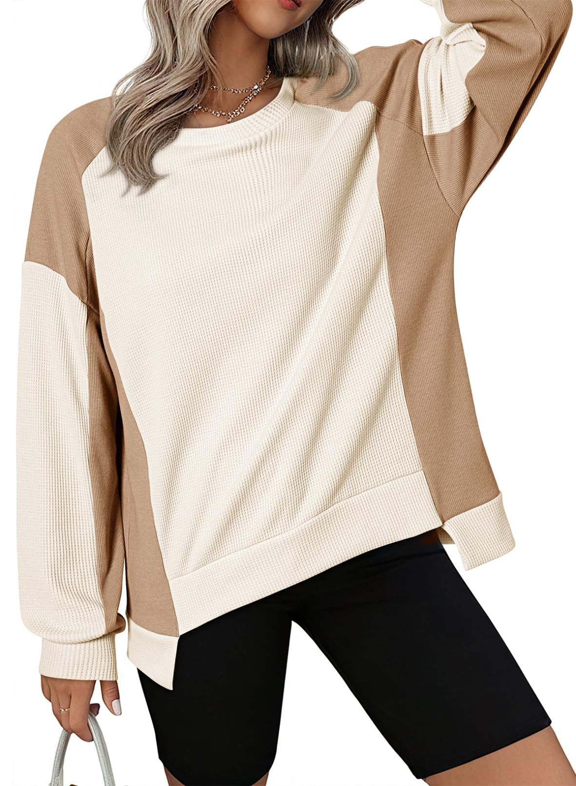 ✨Women's Oversized  Waffle Knit Crewneck Long Sleeve Sweatshirts
