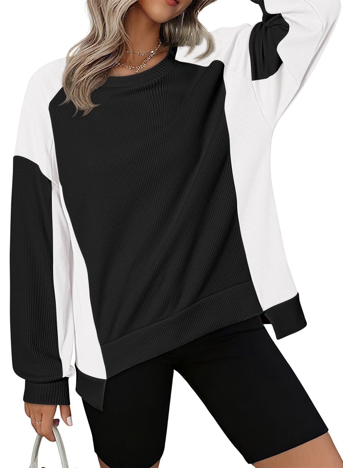 ✨Women's Oversized  Waffle Knit Crewneck Long Sleeve Sweatshirts