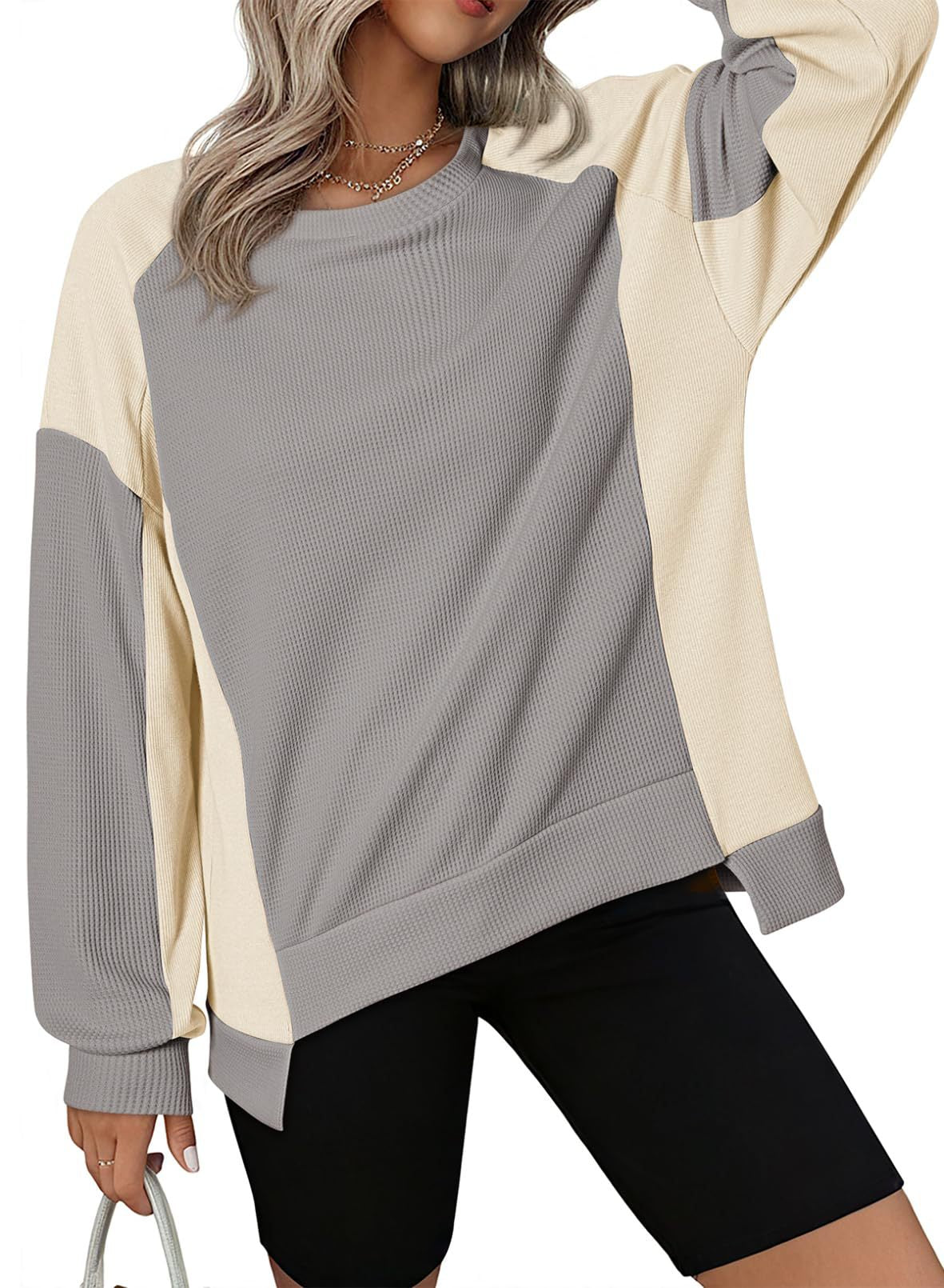 ✨Women's Oversized  Waffle Knit Crewneck Long Sleeve Sweatshirts