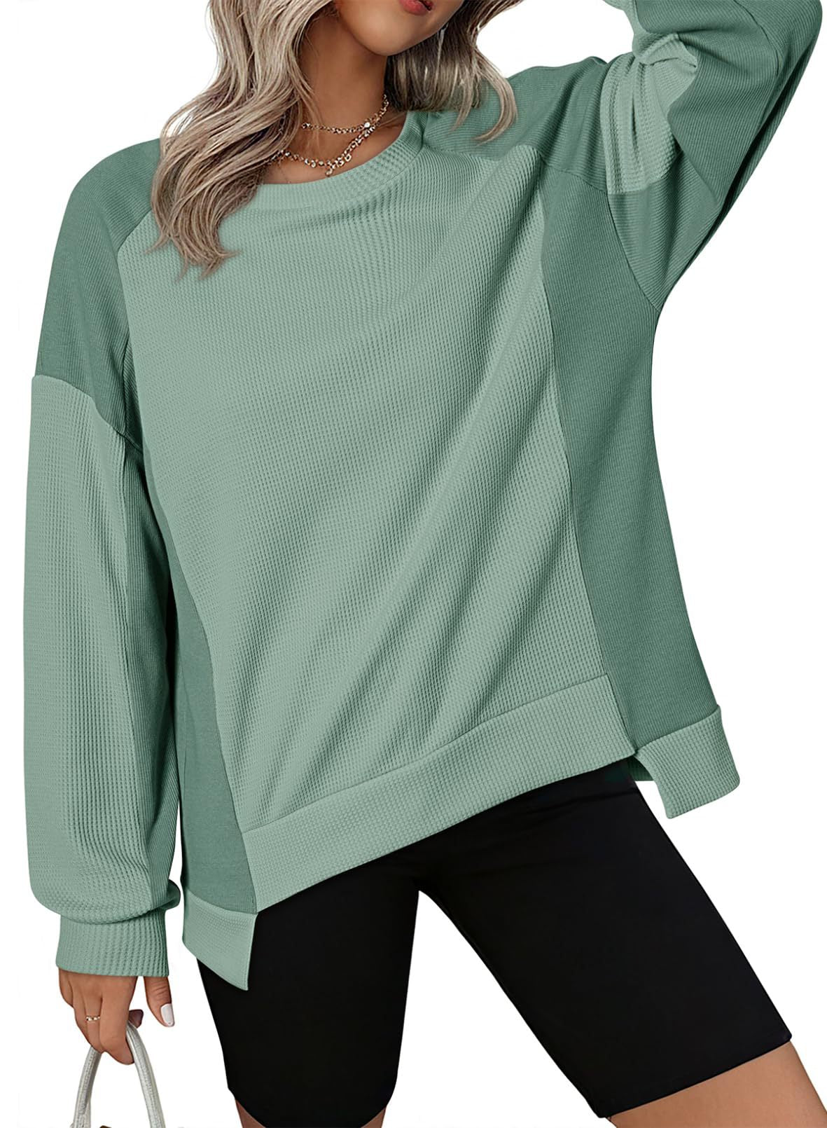 ✨Women's Oversized  Waffle Knit Crewneck Long Sleeve Sweatshirts
