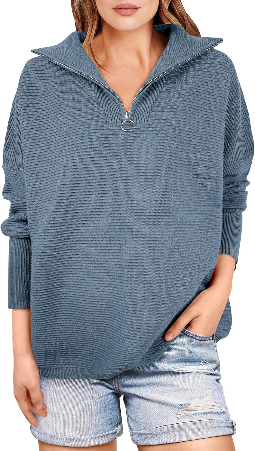 Quarter Zip Oversized Rib Knit Cozy Pullover Sweaters Top(50% OFF!!!)