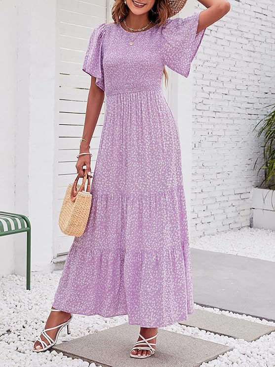 ✨Women's Casual Floral Print Short Flutter Sleeve Smocked High Waist Flowy Maxi Dress
