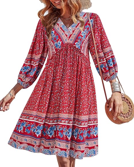 Women V Neck Ruffle Floral Flowy Boho Babydoll Dress