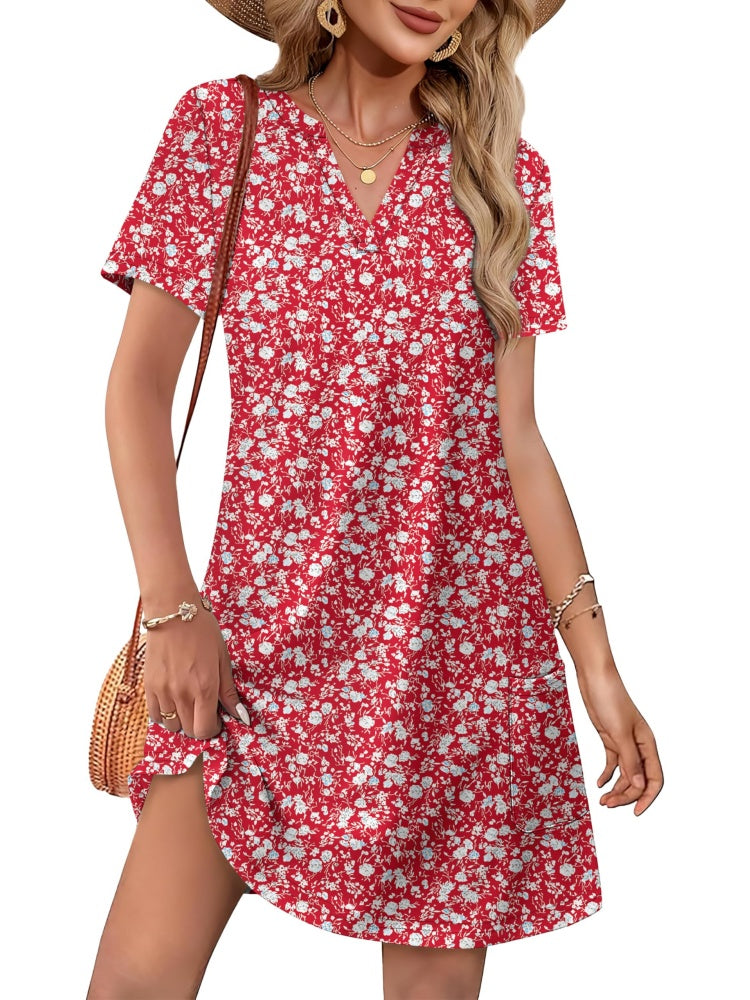 Women Casual V Neck Hawaiian Midi Dress With Pockets