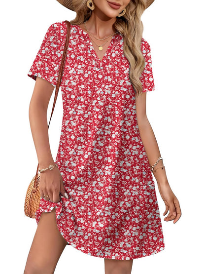 Women Casual V Neck Hawaiian Midi Dress With Pockets