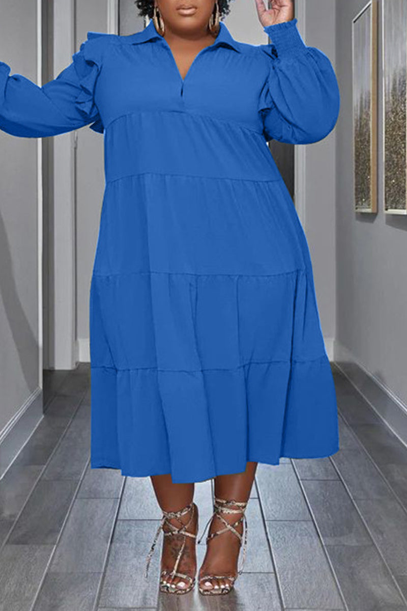 2025 Flounced Sleeve Plus Size Turndown Collar Dress