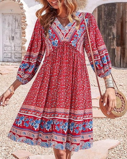 Women V Neck Ruffle Floral Flowy Boho Babydoll Dress