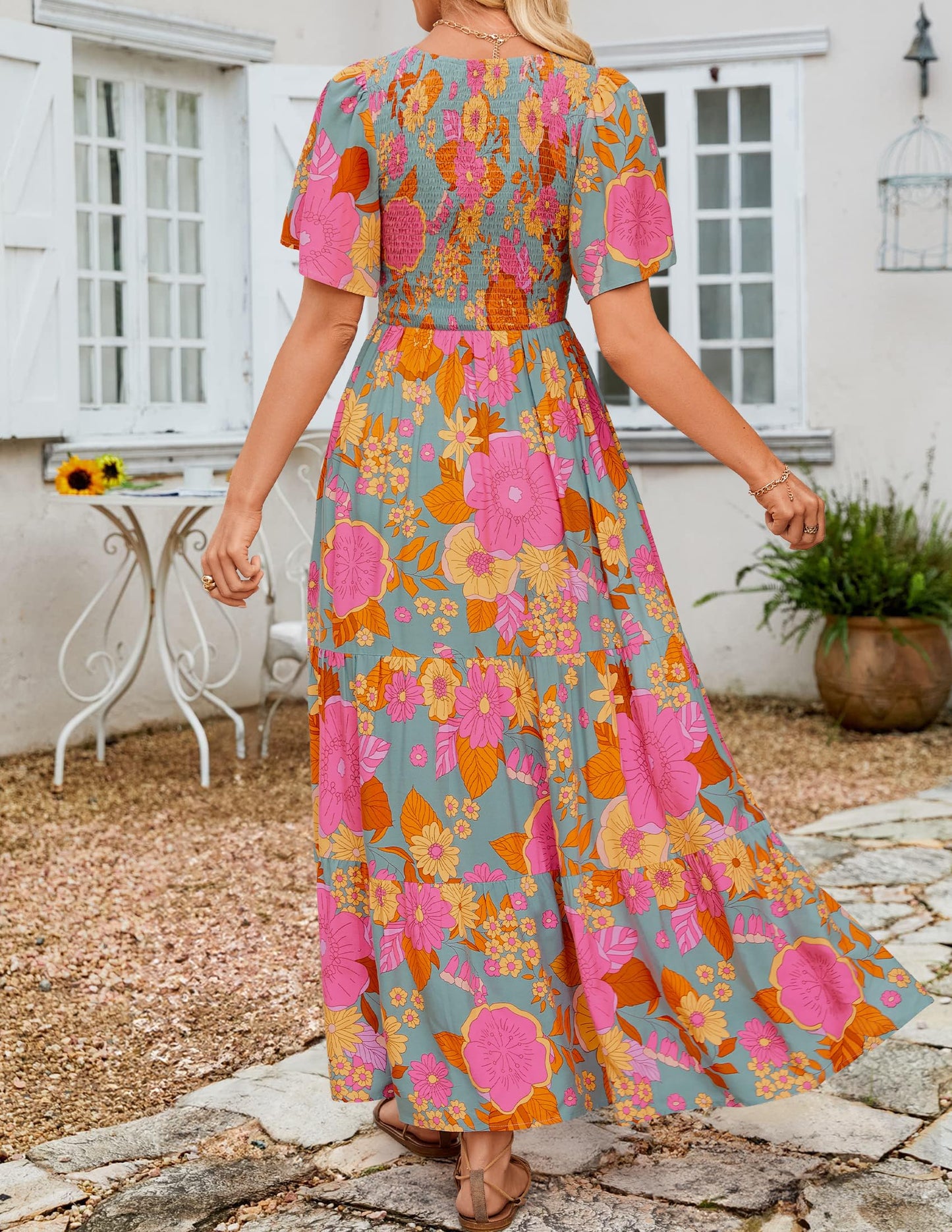 ✨Women's Casual Floral Print Short Flutter Sleeve Smocked High Waist Flowy Maxi Dress
