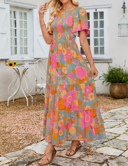 ✨Women's Casual Floral Print Short Flutter Sleeve Smocked High Waist Flowy Maxi Dress