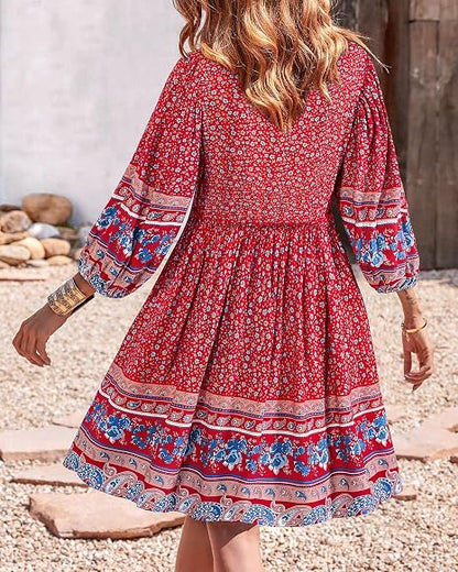 Women V Neck Ruffle Floral Flowy Boho Babydoll Dress