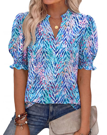 Women Floral Boho V Neck Puff Short Sleeve Top Casual 2026 Summer Blouses