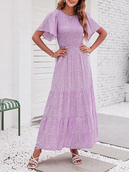✨Women's Casual Floral Print Short Flutter Sleeve Smocked High Waist Flowy Maxi Dress