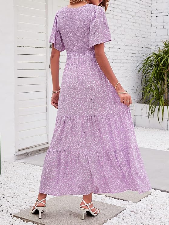 ✨Women's Casual Floral Print Short Flutter Sleeve Smocked High Waist Flowy Maxi Dress