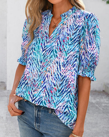 Women Floral Boho V Neck Puff Short Sleeve Top Casual 2026 Summer Blouses