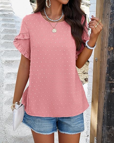 💥Women's Ruffle Short Sleeve Crewneck Blouses (BUY 2 FREE SHIPPING)