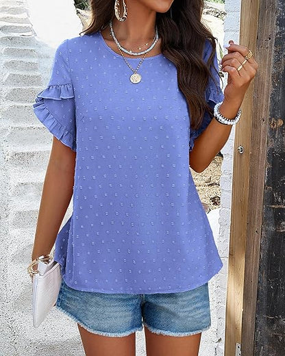 💥Women's Ruffle Short Sleeve Crewneck Blouses (BUY 2 FREE SHIPPING)