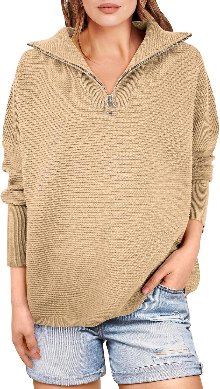 Quarter Zip Oversized Rib Knit Cozy Pullover Sweaters Top(50% OFF!!!)