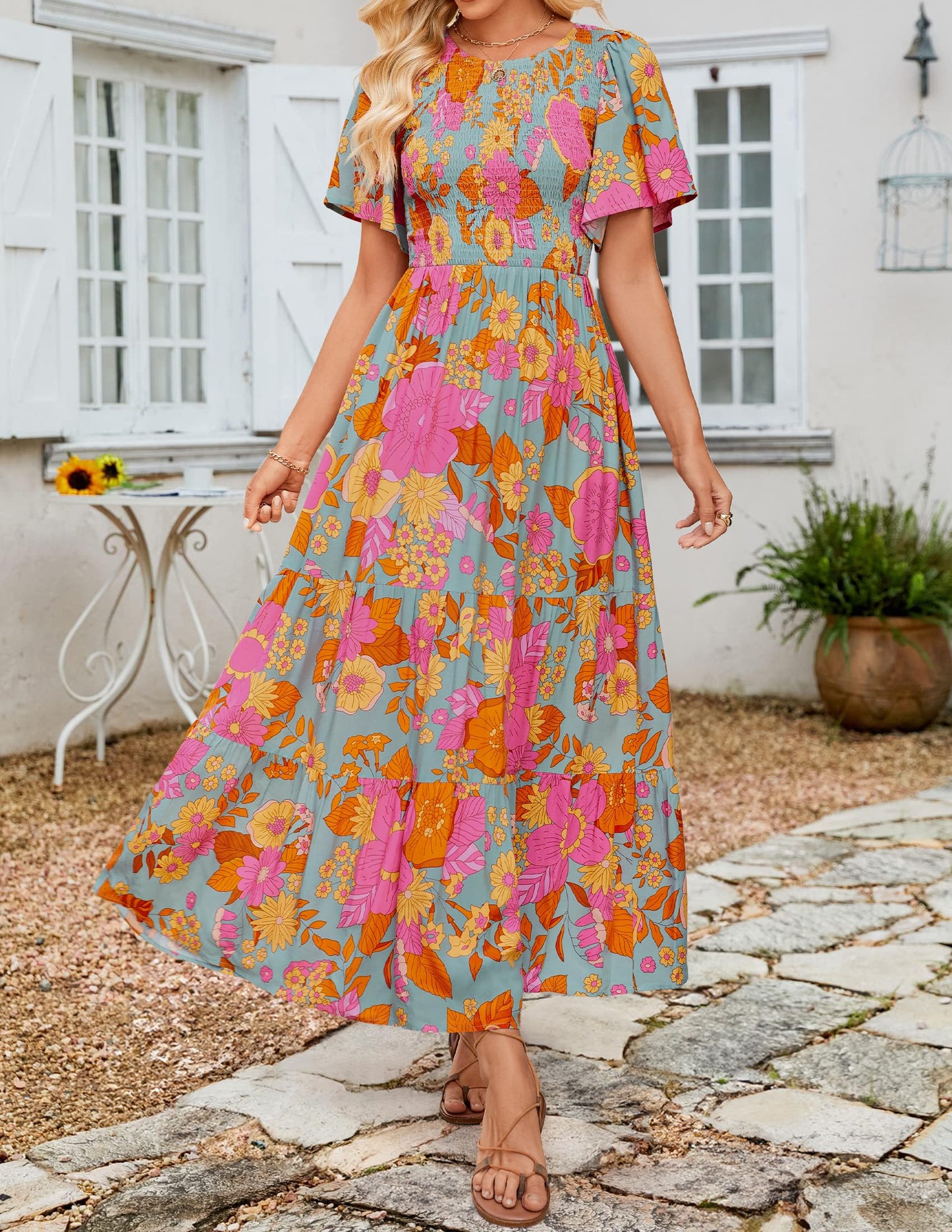 ✨Women's Casual Floral Print Short Flutter Sleeve Smocked High Waist Flowy Maxi Dress