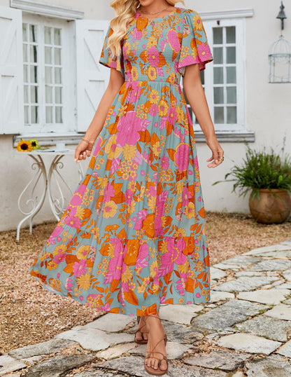✨Women's Casual Floral Print Short Flutter Sleeve Smocked High Waist Flowy Maxi Dress