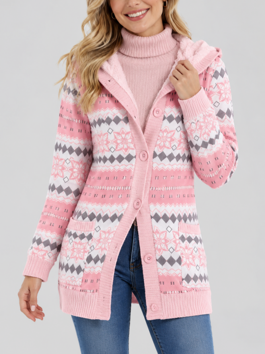 Y2K Geometric Fair Isle Hooded Button Knit Cardigan