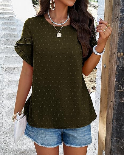 💥Women's Ruffle Short Sleeve Crewneck Blouses (BUY 2 FREE SHIPPING)