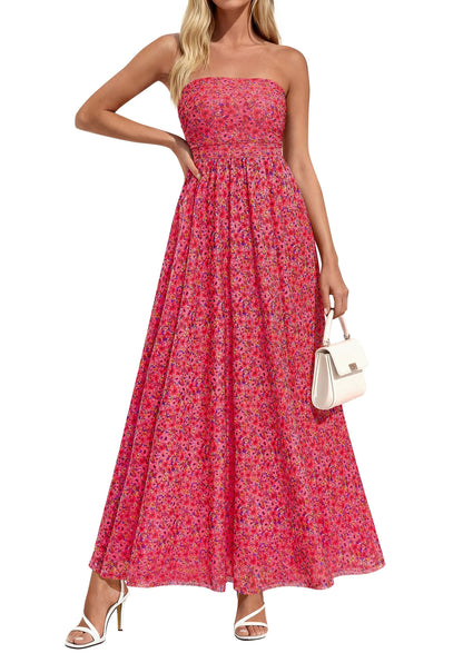 Womens Boho Maxi Dress Summer Floral Tube Strapless Wedding Guest Dresses